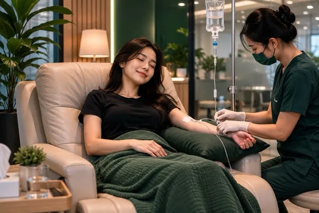 Pasien muda sedang infus GERD Relief di klinik premium DokterHub