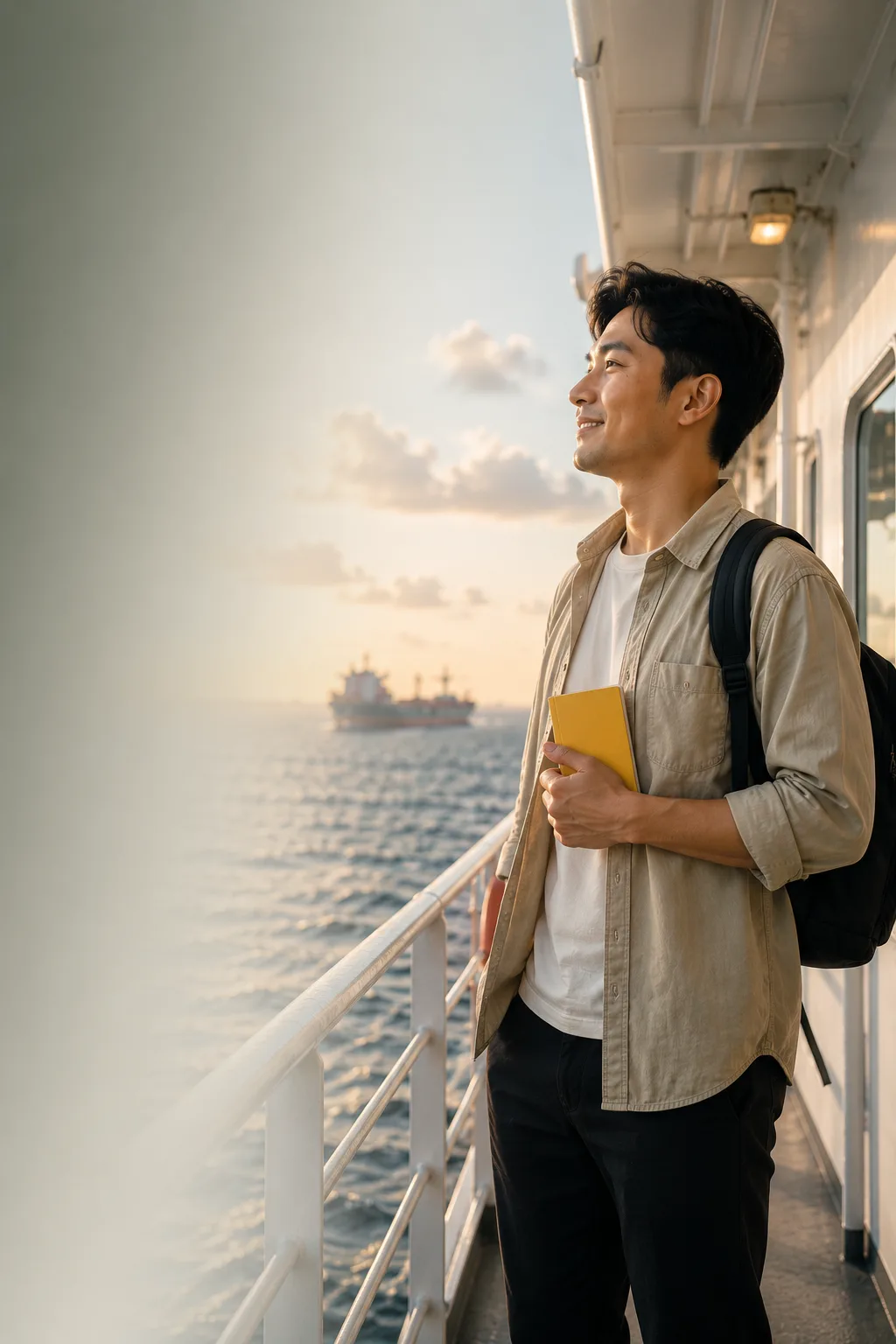 Traveler memegang buku kuning ICV untuk persyaratan perjalanan laut